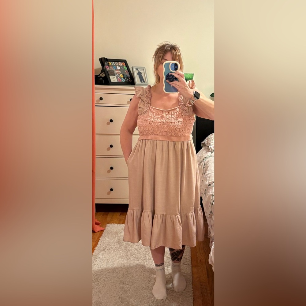 DAVI & DANI Peach Ruffle Midi Dress